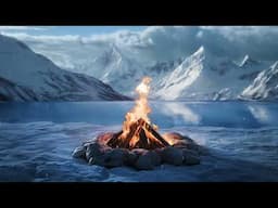 🔥12Hr Himalayan Dream: Campfire by Icy Lake with Majestic Snowy Peaks in 4K