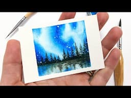 WATERCOLOR Northern Lights painting tutorial STEP BY STEP » How to paint pine tree silhouettes