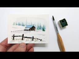 Watercolor winter barn painting tutorial for beginners » How to paint an easy winter landscape