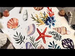 Watercolor Painting, Sea Shells and Corals