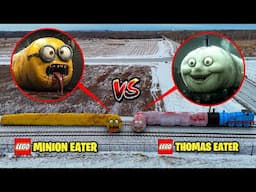 Drone Catches LEGO THOMAS TRAIN EATER vs MINION.EXE EATER IN REAL LIFE! (CURSED LEGO)