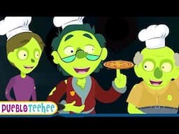 🧟Cinco zombies estaban cocinando en una fiesta 🍕| Canción de Halloween para niños | Pueblo Teehee