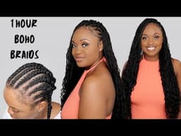 BUTT LENGTH BOHO KNOTLESS BRAIDS IN ONE HOUR  | EASY CROCHET BOX BRAIDS W/ HUMAN HAIR