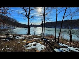 Winter Backpacking and Camping Near a Frozen Lake