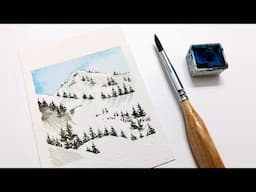 Snowy mountains watercolor painting tutorial » How to paint alpine pine trees for beginners EASY