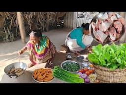 FISH CURRY And MUSTARD LEAVES FRY cooking for lunch by tribe couple