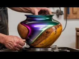 Amazing Woodturning Crazy || A Perfectly Blended Design Of Wood Burl And Red, Blue Epoxy On Lathe