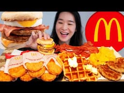 McDonald's Breakfast Waffles Platter! Belgian Waffles, McMuffin Bacon Stacker & Hash Browns Mukbang