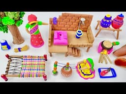 DIY How to make polymer clay miniature Village House, Washroom Set, Kitchen Set, Tree, Charpai part2