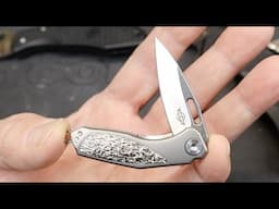 The Antifreeze! Oknife’s titanium micro Freeze 5 frame lock with M390 and hand-hammered Ti scales.