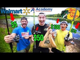 Walmart vs Bass Pro Shops vs Academy $100 BUDGET Fishing Challenge (Rod, Reel, Lures!)