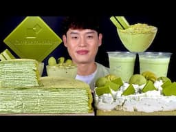 ASMR 말차디저트 말차크레이프 직접만든 말차티라미수 말차푸딩 말차초콜릿 먹방! Green Tea Dessert Chocolate Pudding Crepe Cake MuKBang!