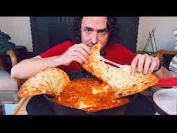 Giant Cast Iron Shakshuka FEAST with Cheesy NAAN Bread ! * Mukbang Eating Show *