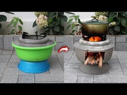 How to cast a simple cement stove from plastic pots