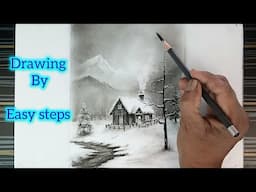 How to draw winter nature landscape real time, snowy cottage, snowy trees, mountains etc.