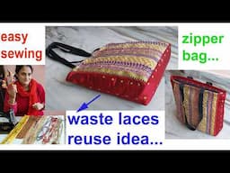 cutting & sewing shopping bag / bag banane ka tarika / zipper bag making at home / waste lace reuse