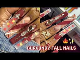 BURGUNDY FALL NAILS 🍁✨ HOW TO 3D FLOWER , SWEATER & PLAID NAIL DESIGN ✨ ACRYLIC NAIL TUTORIAL