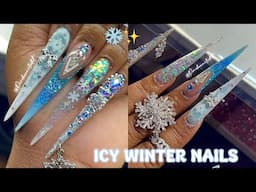 ICY STILETTO WINTER NAILS 🥶❄️✨ | HOW TO FROSTED NAIL | GLITTER OMBRÉ 💙 ACRYLIC NAIL TUTORIAL ✨