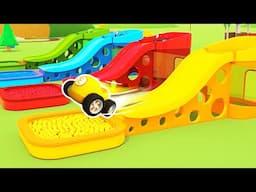 The racing cars are jumping to the ball pits and Helper cars help them with the street lights.