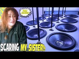 SCARING My Sister w/ 12 18 inch Subwoofers!!! LOUD Car Audio Bass + How To Fix PUSHED IN Speakers