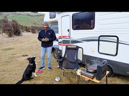 Winter RV Camping With Dog In Rain Storm