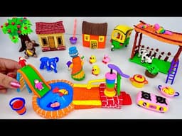 DIY How to make polymer clay miniature House, Kitchen set, Rickshaw, Doll, Hand pump, tree, Cow Shed