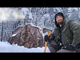 Snow Storm vs Hot Tent - Camping Alone Overnight in the Wild with Morels, Grilled Cheese & more