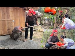 Mom expanded the kitchen with a concrete floor then happily picked ripe tomatoes with her daughter.