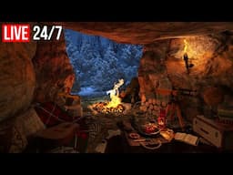 🔴 Cozy Winter Cave Ambience - Bonfire and Snowfall - Live 24/7