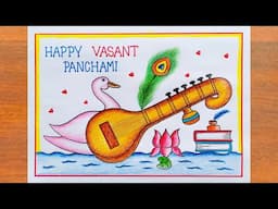 Vasant Panchami Drawing Easy/ How to Draw Basant Panchami Poster Easy Steps/ Basant Panchami Drawing