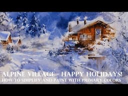 Loose Watercolor Painting Snow Winter Alpine Village in Mountains