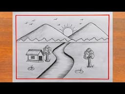 प्राकृतिक दृश्य चित्र बनाना सीखें / Landscape Drawing Easy Steps / Scenery Drawing / Pencil Drawing