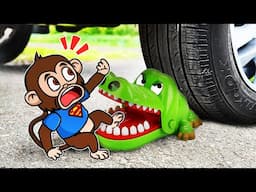 No God, Baby Monkey Bony Can Not  Get Out of Crocodile Toy 🚓 Crushing Crunchy & Soft Things by Car