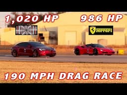 0-190 MPH Ferrari SF90 vs Tesla Model S Plaid at 55% SOC 1/2 Mile Drag Races