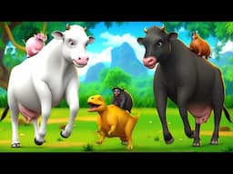 Epic Battle: Giant Black & White Cow vs. T-Rex! - Rescue Forest Animals Elephant Horse Buffalo