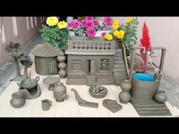 Building a Survival Village House with Palm Tree | Miniature Clay House | Kitchen set