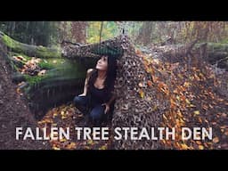 Sleeping in Den Built Against Fallen Tree 🍂 Rainy Stealth Camping in Autumn