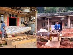 After divorce -Young dad and his children decorate grandparents' dilapidated old house