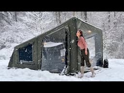 New inflatable bunker tent camping in snowy mountains paralyzed by heavy snow ASMR