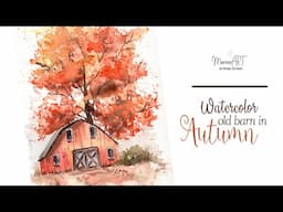 Watercolor old barn in Autumn