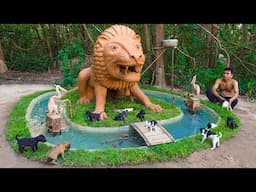 Dog rescue and build Fish pond around Lion Dog House for raising Red Fish