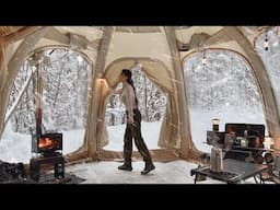 Amazing glass dome inflatable tent solo car camping in snowy forest