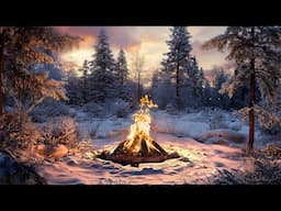 Scenic Winter Wilderness Campfire with Snow Covered Pine Trees, Imagined in 4K