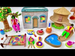 DIY How to make polymer clay miniature House, Kitchen set, Doll, Slide water park, Charpai | house