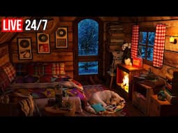 🔴 Relaxing Fireplace Sounds in a Cozy Winter Cabin | Dog Sleeping with Snowfall Sounds - Live 24/7