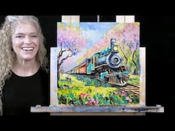 SPRING TRAIN- Learn How to Draw and Paint with Acrylics- Easy Beginner acrylic Painting Tutorial