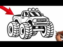 Big Monster Truck - How To Draw A Monster Pickup Truck Easy - Car Drawing Step By Step