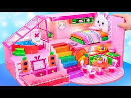 How To Make Beautiful Pink House with Bunny Bedroom, Kitchen Set from Clay | DIY Miniature House