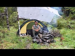 Camping In Rain By River With Dog And Tent