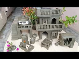 Build Miniature Clay House with Water Tank Auto Rickshaw Sofa And Mini Cooking Set Dream House